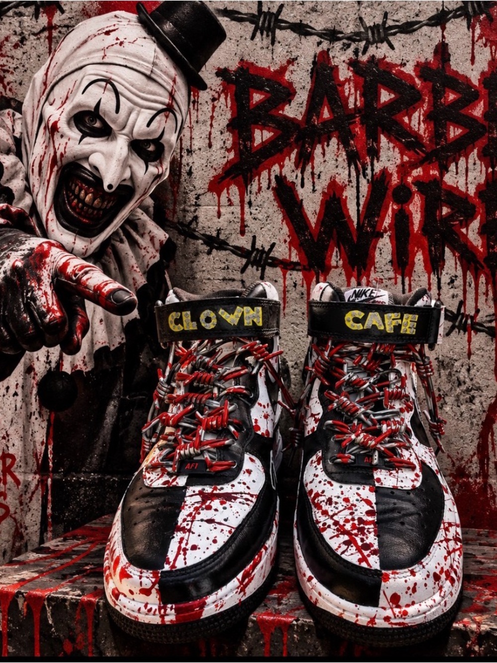 Size 9.5 - Custom Hand Painted “ ART AF1 “ custom tags & barbed wire laces